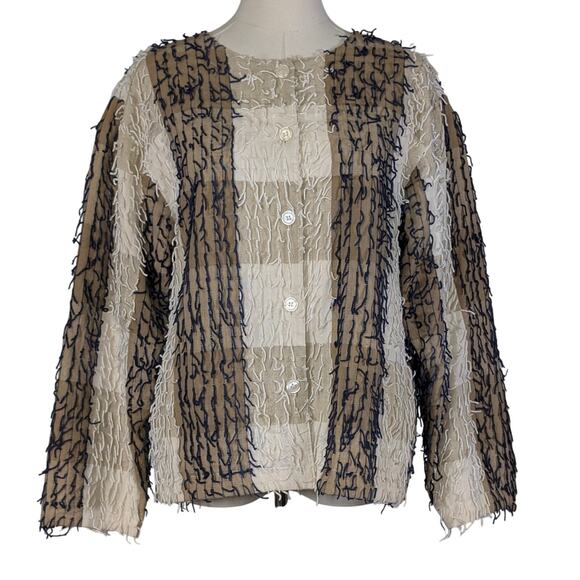 Boho Fringe Jacket Cream Navy Cotton Textured Cardigan Maximalist Lagom Sz Large - Picture 1 of 7